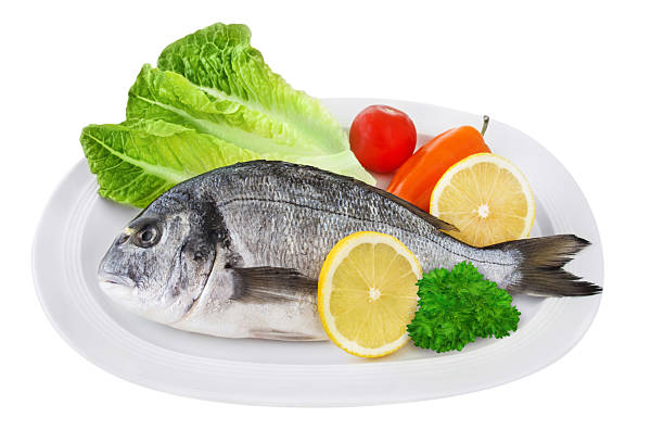 Gilthead Sea Bream and salad isolated on white background