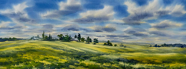 istock Yellow blooming meadow in summer watercolor landscape 2219749225