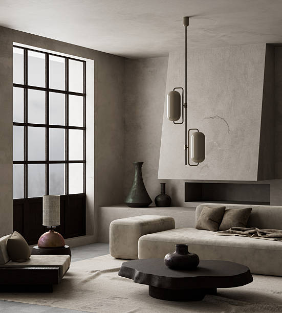 istock Brutalist living room with softened edges. 3D illustration 2219750750