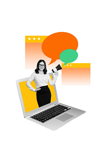 istock Sketch template design photo collage of note message bubble information young lady stand laptop display talk megaphone business job 2219751802