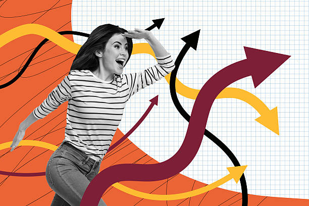 istock Template sketch image composite artwork collage of road graphics aim choice arrow target young lady excited face hand gesture research way 2219751841