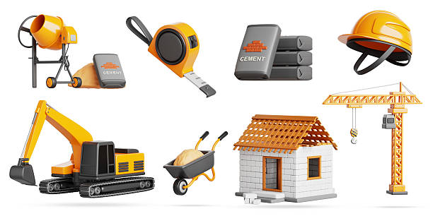 Construction industry, building site set with brick house, crane, excavator, concrete mixer, cement bags stack, helmet, tape measure, wheelbarrow with sand pile, isolated render icon. 3D illustration