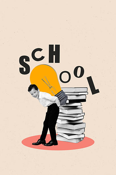 istock 3D collage poster template trend artwork sketch of young boy walk hand hold idea lamp stack book academic autumn back college courses 2219753173