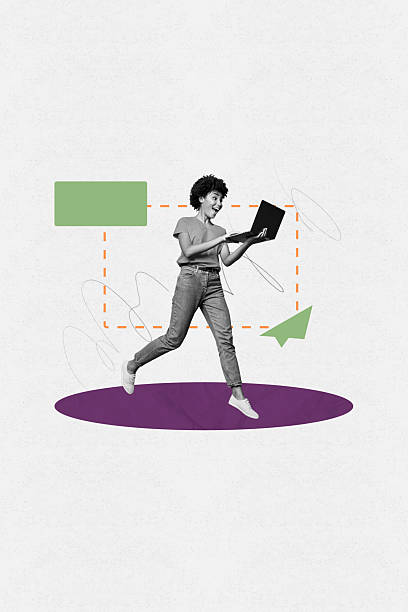istock Poster creative collage of young woman run use netbook on white background with cursor 2219754197