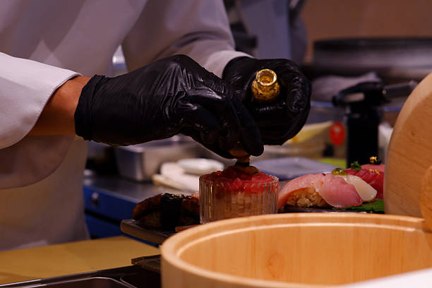 Elegant Japanese food decoration, toppings chef