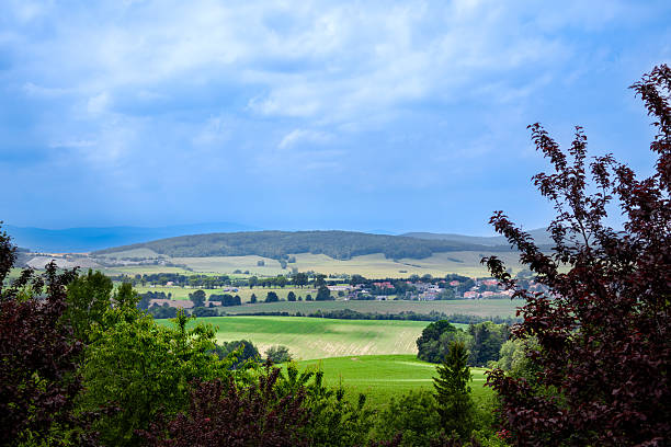 istock Vast green fields and distant hills under a cloudy sky in rural landscape 2219754548