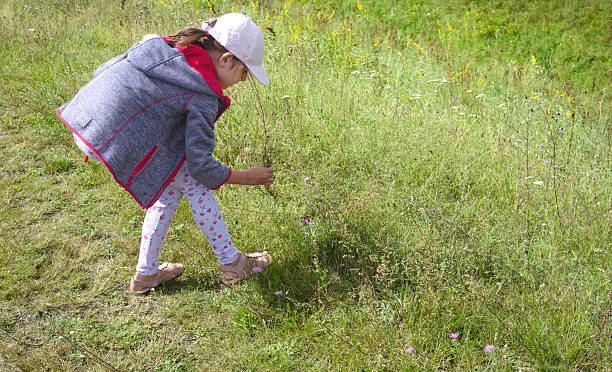 A young girl gathers wildflowers in a vibrant meadow under blue skies.