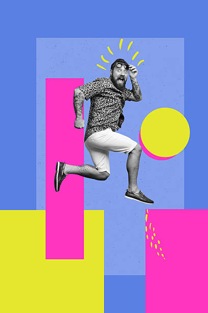 istock Creative image collage of young guy run fast on pink yellow blue background with shapes 2219754844