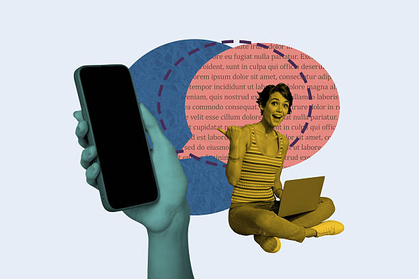 istock Collage design composite trend artwork sketch of text mind bubble speech chatting message young lady sit hold laptop thumb show smartphone 2219758785
