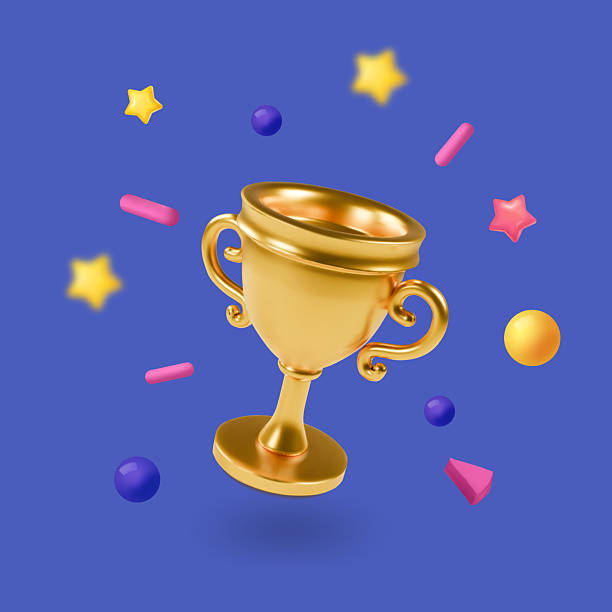 istock Gold cup trophy award. Prize for the first place in confetti flying elements. Shiny trophy reward sing. Golden champion cup 3d render 2219758933