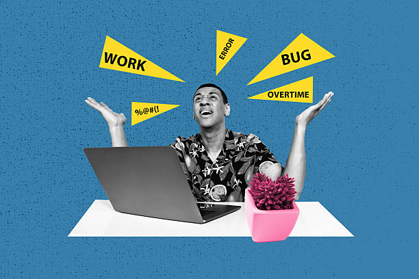 istock Trend artwork composite banner 3D photo collage of young man stress sit work laptop bug error overtimehuman resources manager recruitment 2219760073