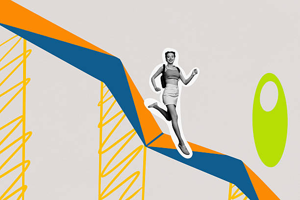 istock Creative trend artwork design 3D collage sketch of overcome hurdle silhouette young lady student smile run route way trader development 2219762216