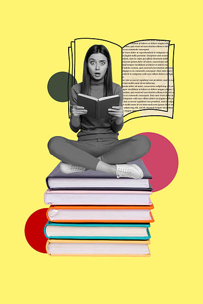 istock Sketch composite 3D photo collage trend artwork of education learn reader student hobby young lady confused face sit stack read book 2219762540