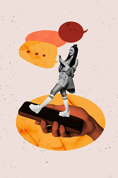 istock Composite image montage trend artwork 3D collage of hand hold smartphone young lady walk display speech cloud chatting job human resources 2219763077
