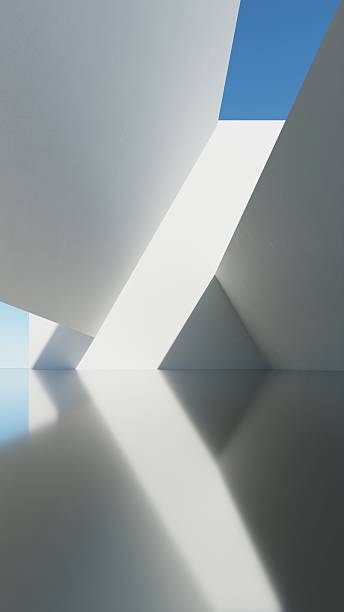 istock 3d illustration of abstract modern architecture background, Minimal geometry architectural design, Car presentation backdrop with empty concrete floor, Geometric white blocks building design 2219763542