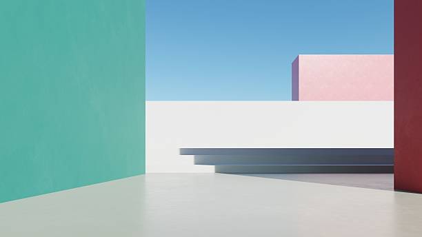 istock 3d illustration of abstract modern architecture background, Minimal geometry architectural design, Car presentation backdrop with empty concrete floor, Geometric white blocks building design 2219763573