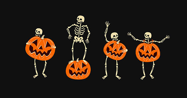 ilustraciones, imágenes clip art, dibujos animados e iconos de stock de conjunto de vectores de esqueletos de halloween que bailan alegremente - esqueleto humano