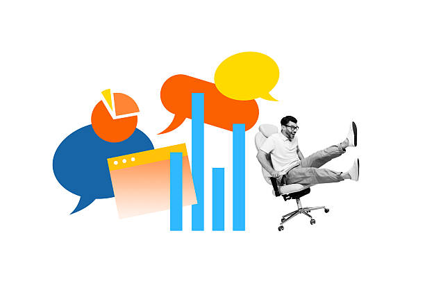 istock Creative trend artwork design collage sketch of conversation balloon message dialog cloud young man sit armchair goal stats business trade 2219763826