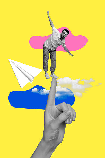 istock Composite sketch image design artwork collage of handmade paper flight creative young man stand finger up balance outdoors vacation trip 2219763884