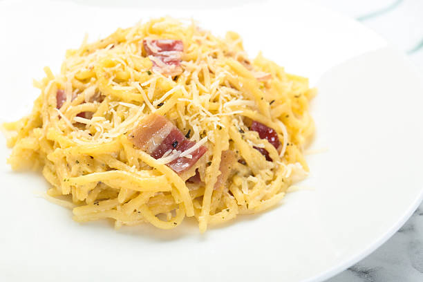 A close-up view of a plate of spaghetti carbonara ,showcasing the creamy texture and rich flavors of the dish.