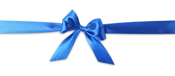 istock Beautiful blue ribbon with bow isolated on white, top view 2219770970