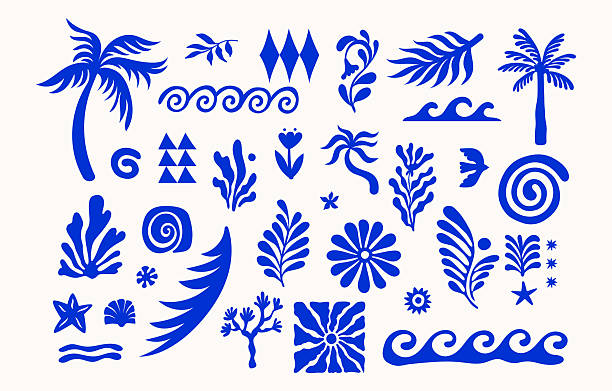 ilustraciones, imágenes clip art, dibujos animados e iconos de stock de conjunto vectorial de elementos de estilo recortados dibujados a mano e ilustraciones: elementos de diseño abstractos para invitaciones de fiestas y picnics, tarjetas de felicitación de verano, impresiones, en estilo costero marino - grecia europa del sur