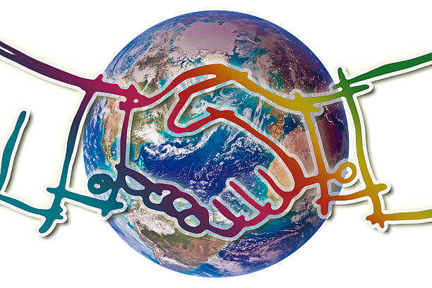 Handshake against a planet Earth - Global collaboration concept image.\n- Photo composition with image from NASA.\n- The image of the planet Earth has been taken from the NASA archives.\n- Source of the map: https://eoimages.gsfc.nasa.gov/images/imagerecords/8000/8108/ipcc_bluemarble_west_lrg.jpg\n- Image created by software Adobe Photoshop\n- File created in: 29th August 2019