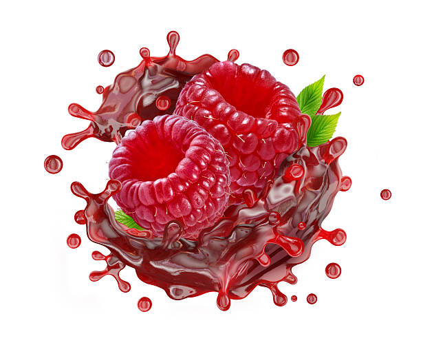 High-resolution 3D render of fresh raspberries in vibrant red juice splash on white background