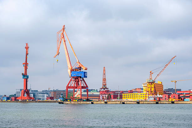Gothenburg, Sweden-July, 2018: Colorful cranes at a shipyard in the harbor