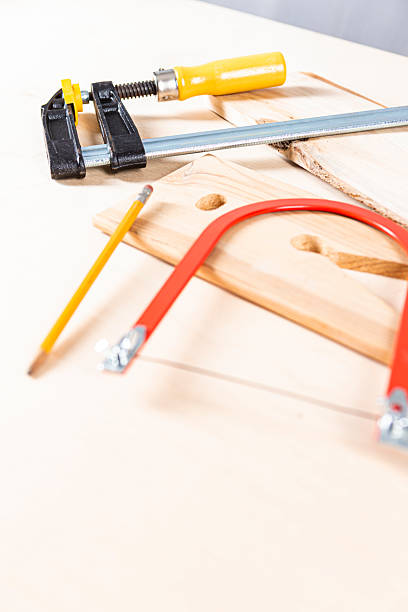 istock Carpentry Ideas. Professional Set or Variety of Separate Lineup of Assorted Work Tools and Devices on Wood 2219793274