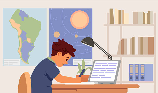 istock Primary school boy studying at home making homework sitting at desk in his room with open laptop and writing flat vector illustration. 2219798824