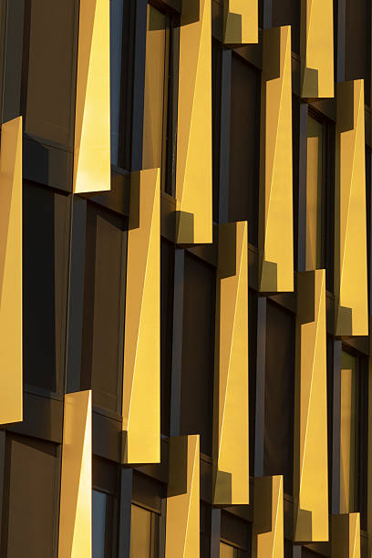 istock Architectural Facade featuring an intricate Pattern of Golden Panels 2219798847