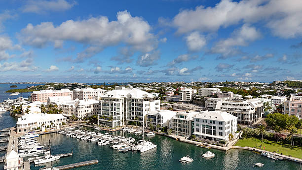 Hamilton, Bermuda - June 11 2025: Aerial view of the colorful waterfront buildings and city skyline in downtown Hamilton under a bright blue sky.