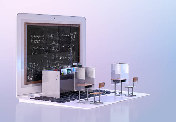 3D render of a digital physics classroom, laptop, blackboard. Virtual learning, interactive education, technology integration. E-learning platforms, online courses, remote teaching, educational technology, digital transformation. Back to school high-resolution imagery