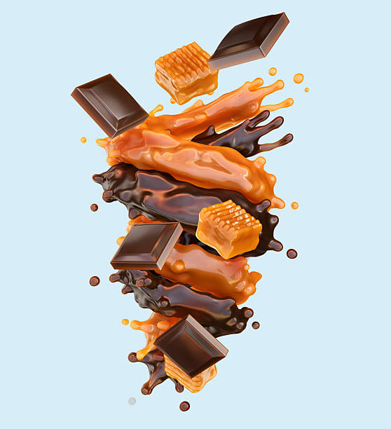 istock 3D render of dynamic collision between caramel and dark chocolate streams. 2219802148