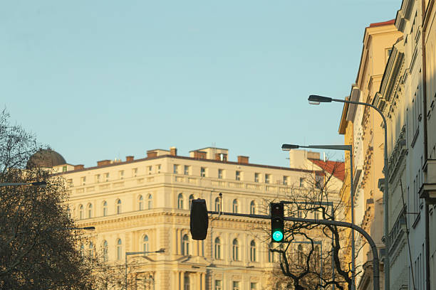Traffic and pedestrian lights in a city