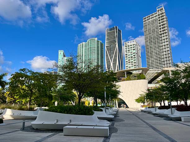 Modern benches inviting visitors to relax in Museum Park, Downtown Miami