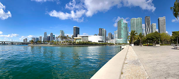 Panoramic view of the Miami skyline reflecting on Biscayne Bay, Florida