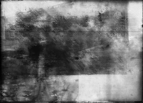 Vintage newspaper texture, grayscale, distressed appearance, grunge background. Abstract patterns, overlay effect, aged paper. Graphic design, backdrop creation, digital art, retro themes. High contrast, noise, film grain, historical document look
