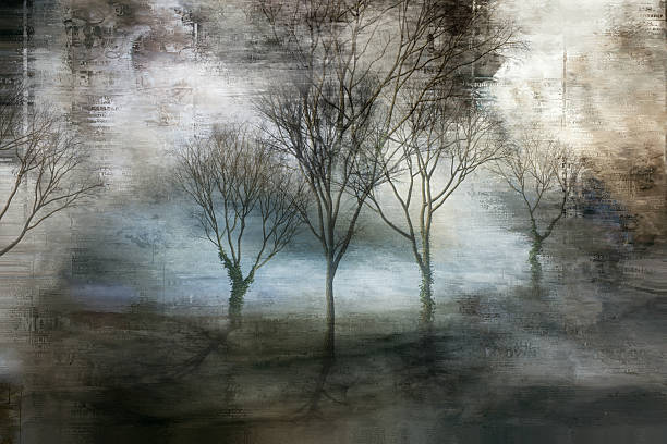 Digital artwork of leafless trees, misty background, textured overlay. Atmospheric composition, ethereal ambiance, blurred motion effect, grunge background. Graphic design, wall art, nature-themed decor, artistic prints. High-resolution, abstract style, muted color palette, mixed media technique.