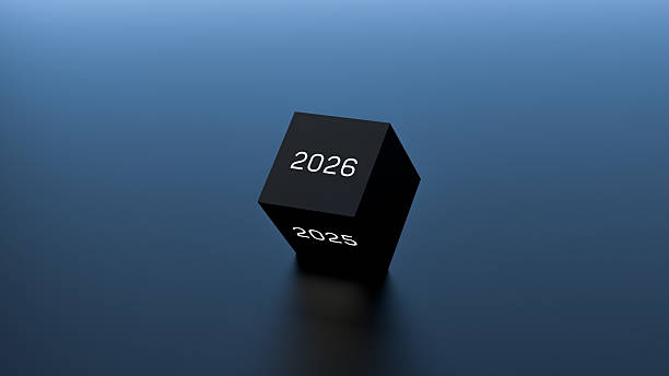 istock Year 2025-2026, luminous neon numerals on cube with copy space. 2025-2026, space for text, goal, plan. Banner 2025-2026. 3D render. 2219820427