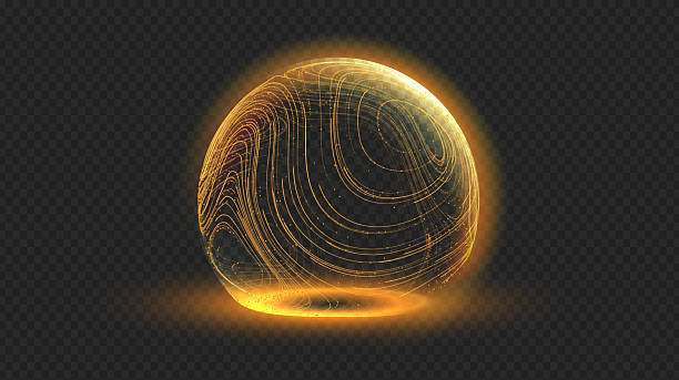 Sphere shield in gold 3d tech with dome effect and globe ball motif for secure bg. Abstract light pattern by planet energy and digital line connects global network.