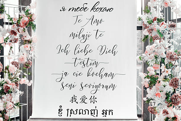 Photo of a real wedding venue with floral decorations and a romantic backdrop featuring I love you written in multiple languages. Text is part of the actual scene, not digitally added.