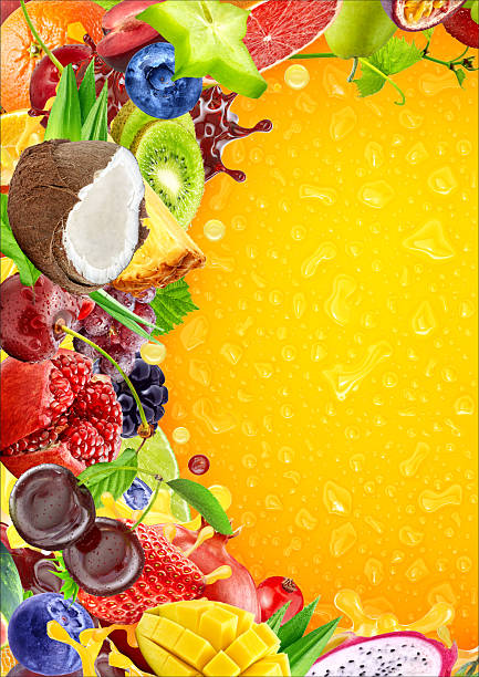 Assorted fruits, vibrant colors, yellow background.