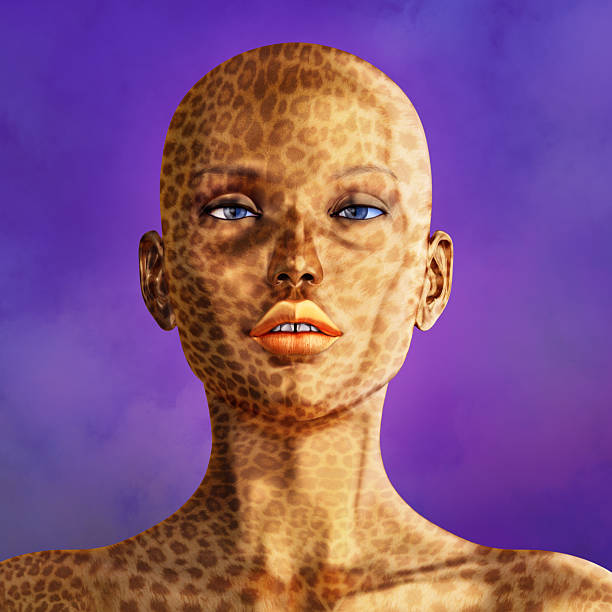 3D render of a female face with leopard skin pattern on purple background. Static pose, frontal view, centered composition. Fashion industry, cosmetic branding, artistic design, digital art, visual marketing. Texture, animal print, vibrant colors, digital illustration.