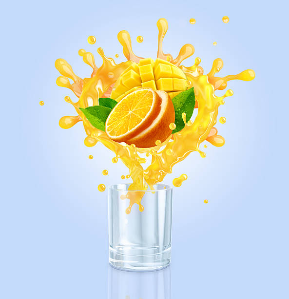 istock 3D render of orange, mango juice splash, blue background. 2219827218