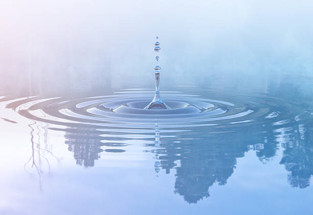 Water droplet creating concentric ripples on a calm surface, with soft reflections of sky and nature.