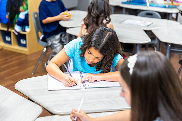 istock Cute young elementary schoolgirl writing in her notepad at school 2219832991