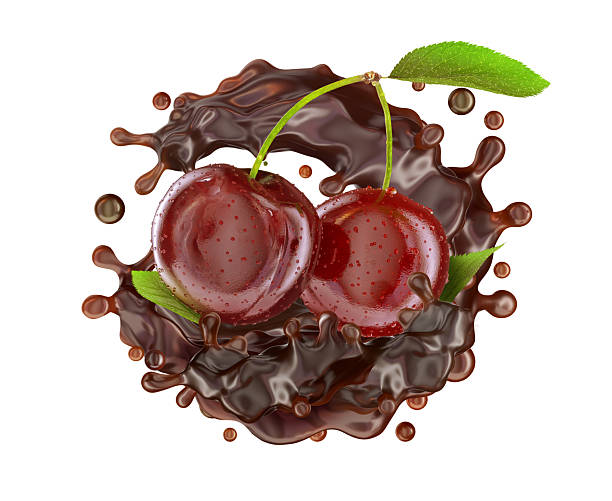istock 3D render of cherries and dark chocolate splash isolated on white background. 2219836244
