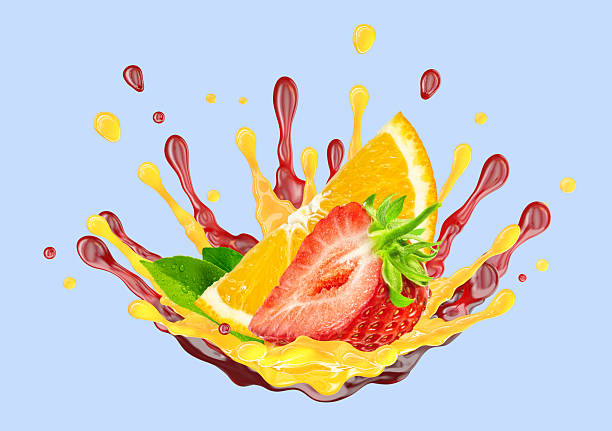 istock Orange slice, ripe strawberry, fruit juice liquid splash isolated on blue background. 2219836679